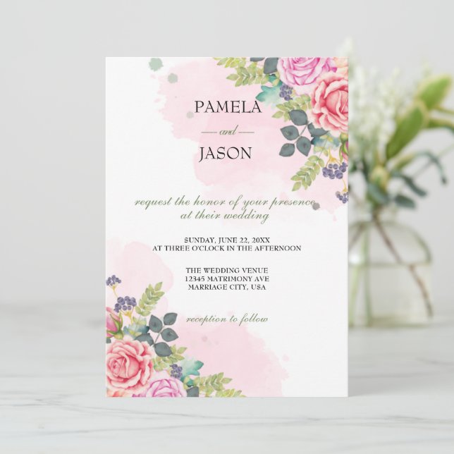 Invitación Boda floral acuarela de verano (Anverso de pie)