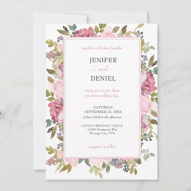 Invitación Boda floral acuarela de verano (Anverso)
