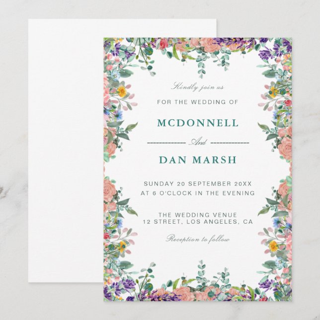 Invitación Boda floral acuarela de verano (Anverso / Reverso)