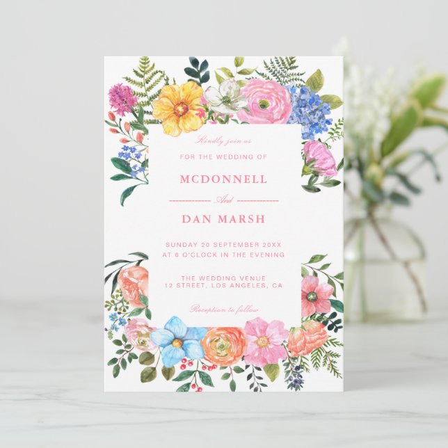 Invitación Boda floral acuarela de verano (Anverso de pie)