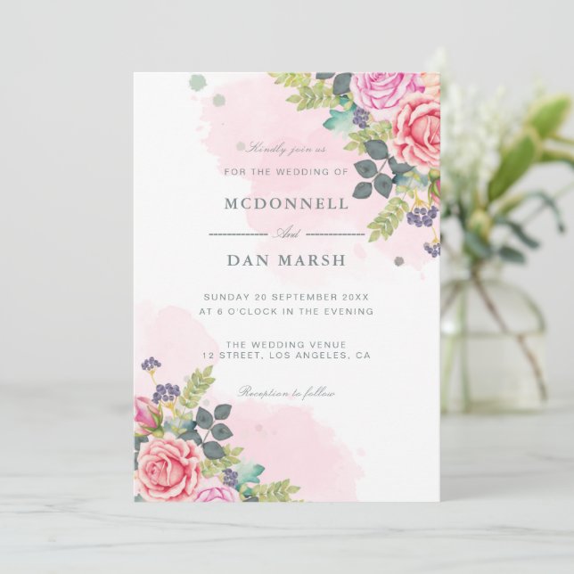Invitación Boda floral acuarela de verano (Anverso de pie)