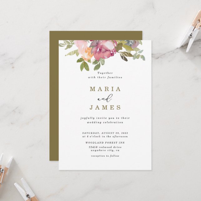 Invitación Boda floral acuarela de verano (Anverso/Reverso In Situ)