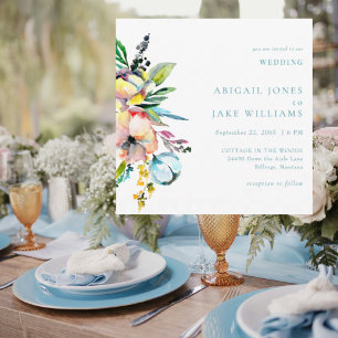 Invitación Boda floral acuarela de verano turquesa cuadrada