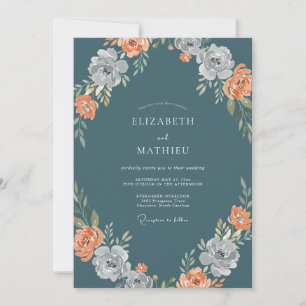 Invitación Boda floral acuarela en azul pizarra y melocotón