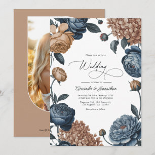 Invitación Boda floral acuarela en azul polvoriento y taupe