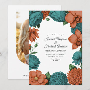 Invitación Boda floral acuarela en azul verde y coral