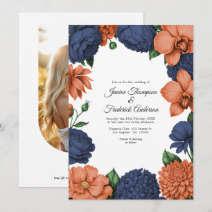 Invitación Boda floral acuarela en coral y azul marino