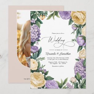 Invitación Boda floral acuarela en malva y crema de mantequil