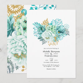 Invitación Boda floral acuarela en menta y dorado