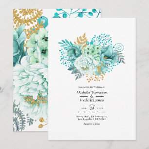 Invitación Boda floral acuarela en menta y dorado
