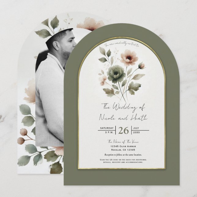 Invitación Boda floral acuarela en oliva polvoriento y dorado (Anverso / Reverso)
