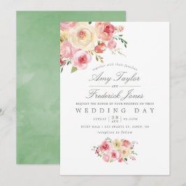 Invitación Boda floral acuarela en rosa y verde salvia