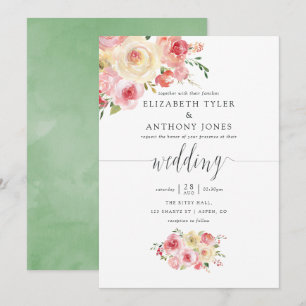 Invitación Boda floral acuarela en rosa y verde salvia