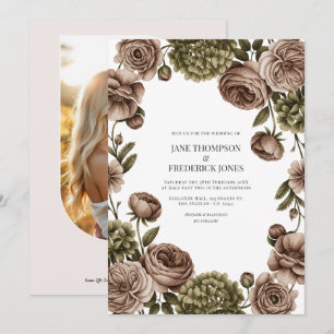 Invitación Boda floral acuarela en taupe y verde oliva