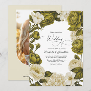 Invitación Boda floral acuarela en verde oliva y crema