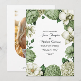 Invitación Boda floral acuarela en verde salvia y marfil