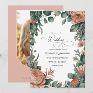 Invitación Boda floral acuarela en verde salvia y melocotón p