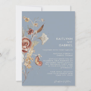 Invitación Boda Floral Acuarela Flor Silvestre Azul Polvorien