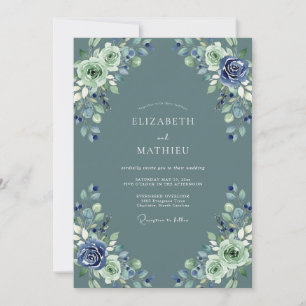 Invitación Boda floral acuarela Índigo Espuma de mar