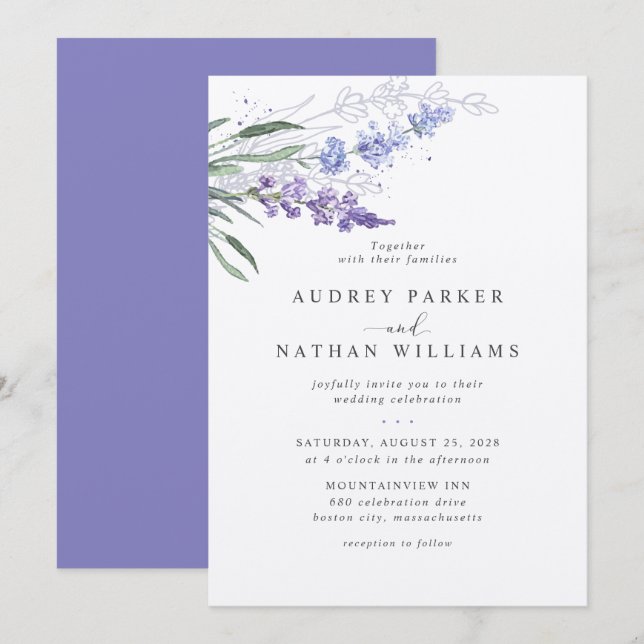 Invitación Boda floral acuarela lavanda romántica (Anverso / Reverso)