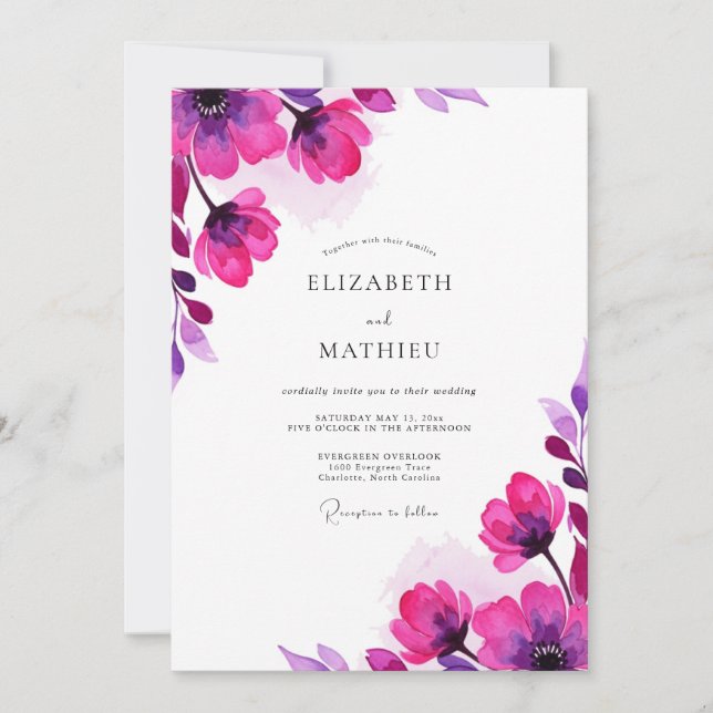 Invitación Boda Floral Acuarela Magenta (Anverso)