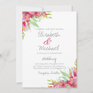 Invitación Boda floral acuarela magenta rosa bonita