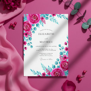 Invitación Boda floral acuarela magenta y turquesa