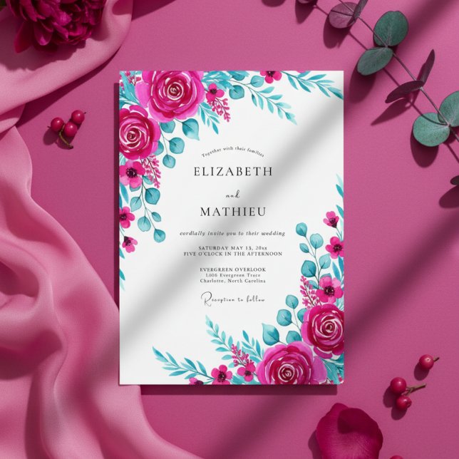 Invitación Boda floral acuarela magenta y turquesa (Subido por el creador)