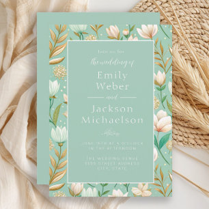 Invitación Boda Floral Acuarela Marfil Dorado Menta