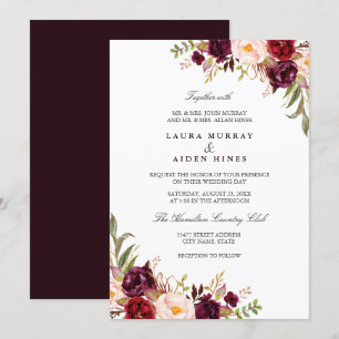 Invitación Boda floral acuarela Marsala Borgoña