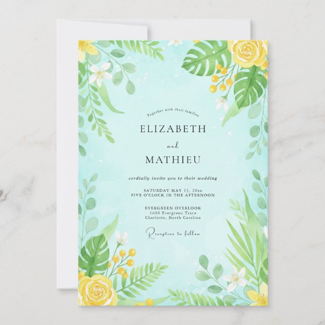Invitación Boda floral acuarela menta (Anverso)