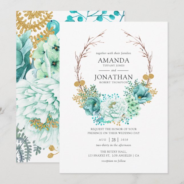 Invitación Boda floral acuarela menta (Anverso / Reverso)