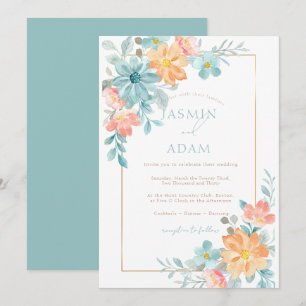 Invitación Boda floral acuarela moderna aqua melocotón