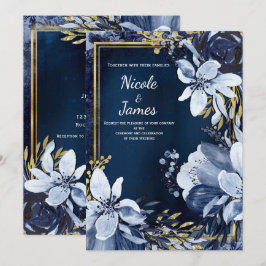 Invitación Boda floral acuarela moderna azul marino y dorado