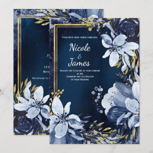 Invitación Boda floral acuarela moderna azul marino y dorado