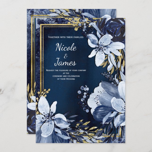 Invitación Boda floral acuarela moderna azul marino y dorado (Anverso / Reverso)