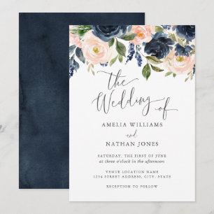 Invitación Boda floral acuarela moderna con toque de rosa nav