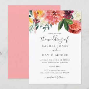 Invitación Boda floral acuarela moderna de durazno y burdeos