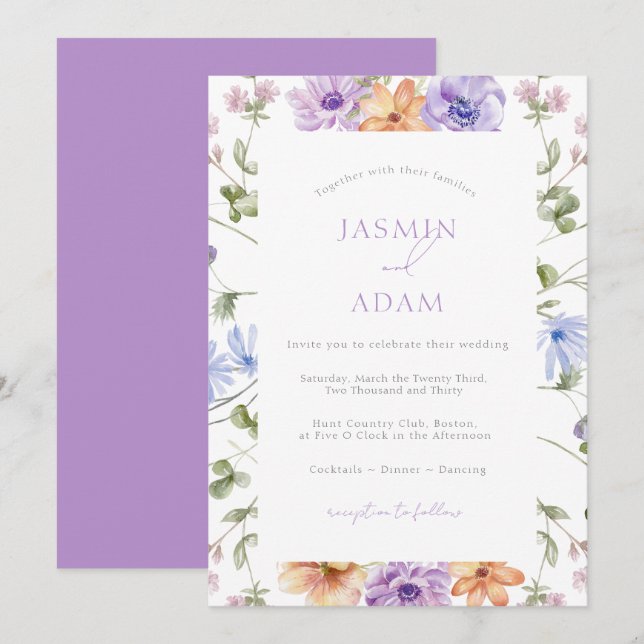 Invitación Boda floral acuarela moderna de lirio y melocotón (Anverso / Reverso)