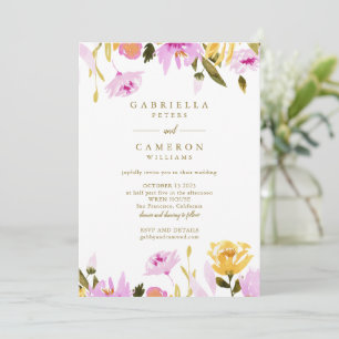 Invitación Boda floral acuarela moderna en rosa y amarillo