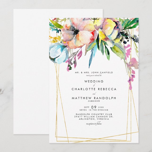 Invitación Boda floral acuarela multicolor (Anverso / Reverso)