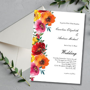 Invitación Boda floral acuarela naranja rosa rojo amarillo