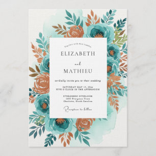 Invitación Boda Floral Acuarela Naranja Verde Teñido