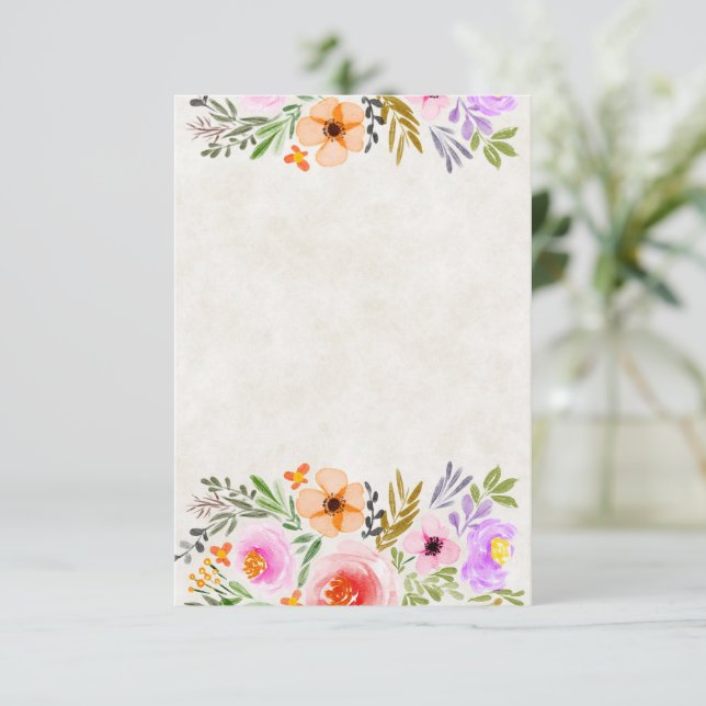 Invitación Boda floral acuarela naranja y morado en blanco  (Anverso de pie)