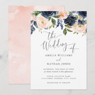 Invitación Boda floral acuarela naval con rubor moderno