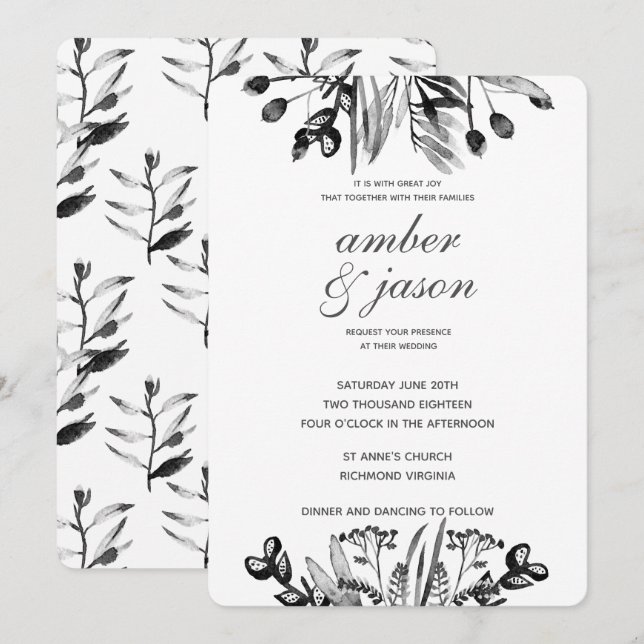 Invitación Boda floral acuarela negro y blanco (Anverso / Reverso)