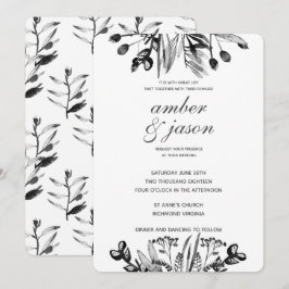 Invitación Boda floral acuarela negro y blanco