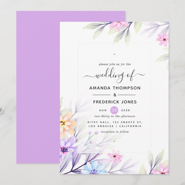 Invitación Boda floral acuarela pastel (Anverso / Reverso)