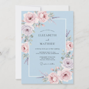 Invitación Boda floral acuarela pastel azul cielo