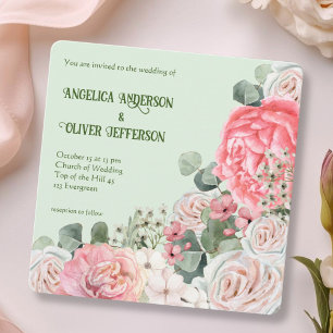 Invitación Boda floral acuarela pastel suave cuadrada